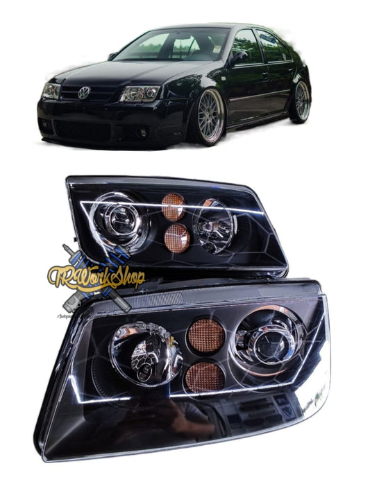 Faros VW Jetta A4 Mk4 Bora Tipo R-Line Chrome & Black Euro Style (Par) | Depo